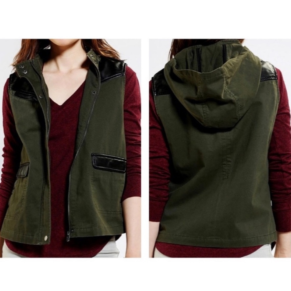 BDG Army Green & Faux leather Hooded Utility Vest Size XS - Picture 2 of 10